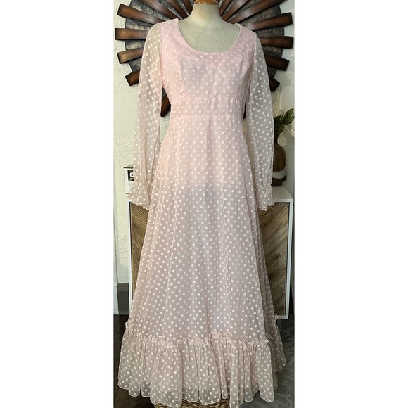vintage jack Bryan sheer polka dot pink Prairie Maxi Dress Medium - Picture 2 of 9